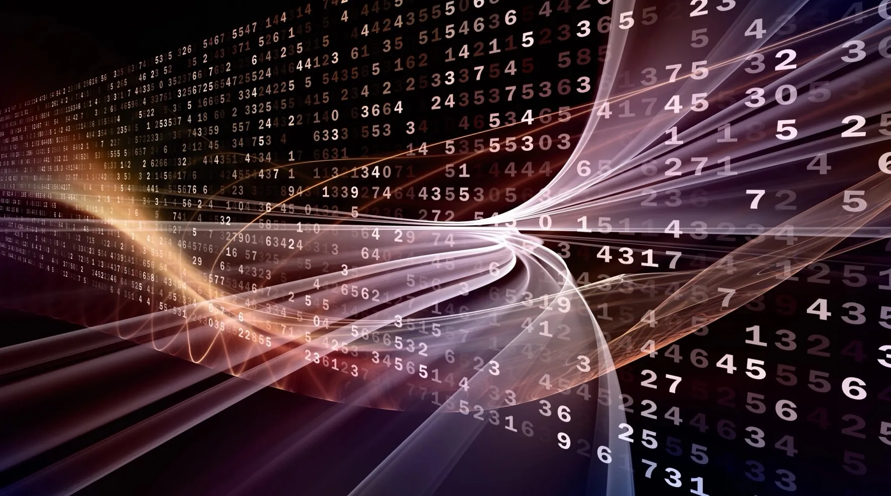Digits streaming along curved light trails through the dark