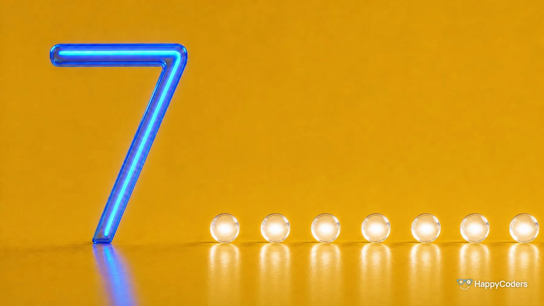 A tall glowing cobalt-blue neon numeral 7 on the left against mustard yellow; to its right, after a gap, a row of seven glowing white glass spheres on the floor