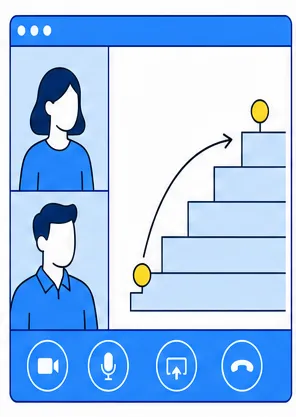 Videocall mit zwei Teilnehmenden, im geteilten Bildschirm eine Treppe mit einer Marke auf einer unteren Stufe und einem Pfeil nach oben