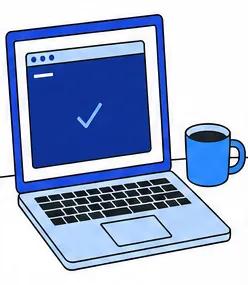 Aufgeklappter Laptop am Morgen, im Terminal ein Häkchen, daneben eine Tasse Kaffee