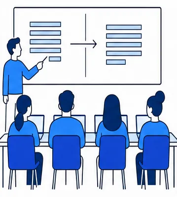 Trainingsraum von hinten: der Trainer am Whiteboard mit einem Problem links, der Lösung rechts und einem Pfeil dazwischen, davor vier Teilnehmende an Laptops