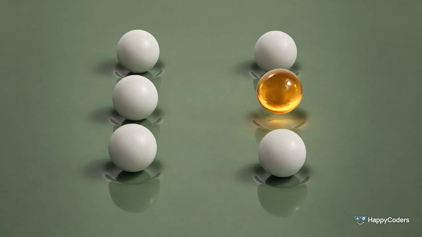 Two rows of three white spheres on a sage-green background; in the right row, the middle sphere is made of amber glass