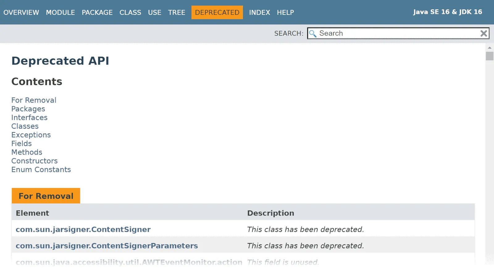 „DEPRECATED“-Seite von Java 16