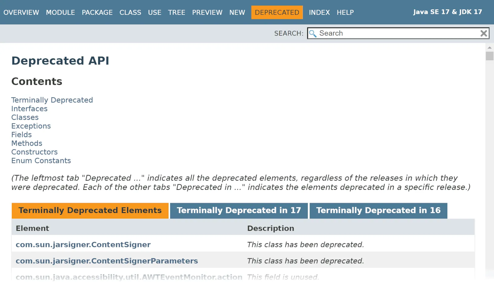  „DEPRECATED“-Seite von Java 17 