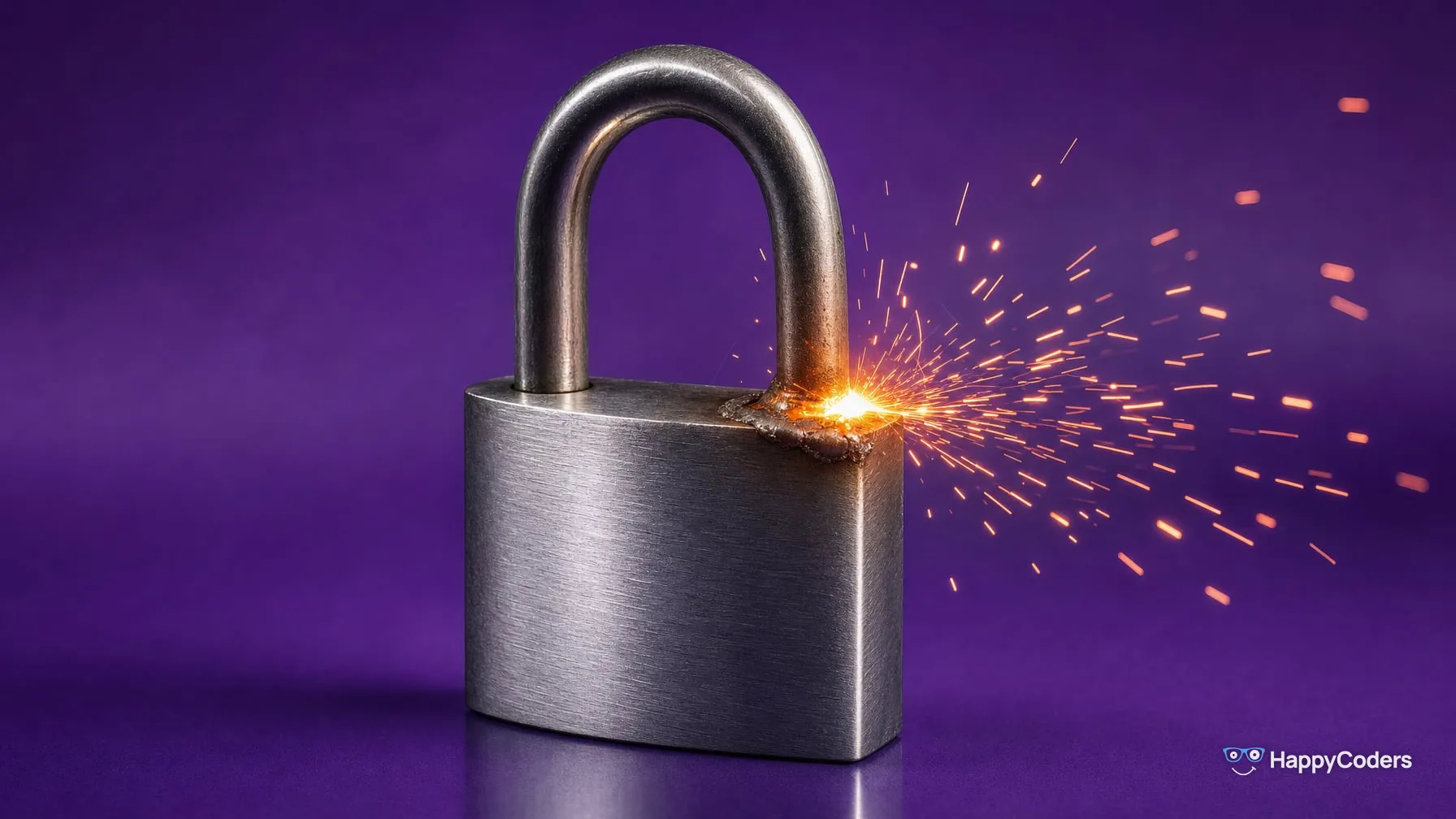 A steel padlock against a purple background; at the right-hand junction of shackle and body, a glowing weld spot fuses the shackle to the body, sparks flying to the right