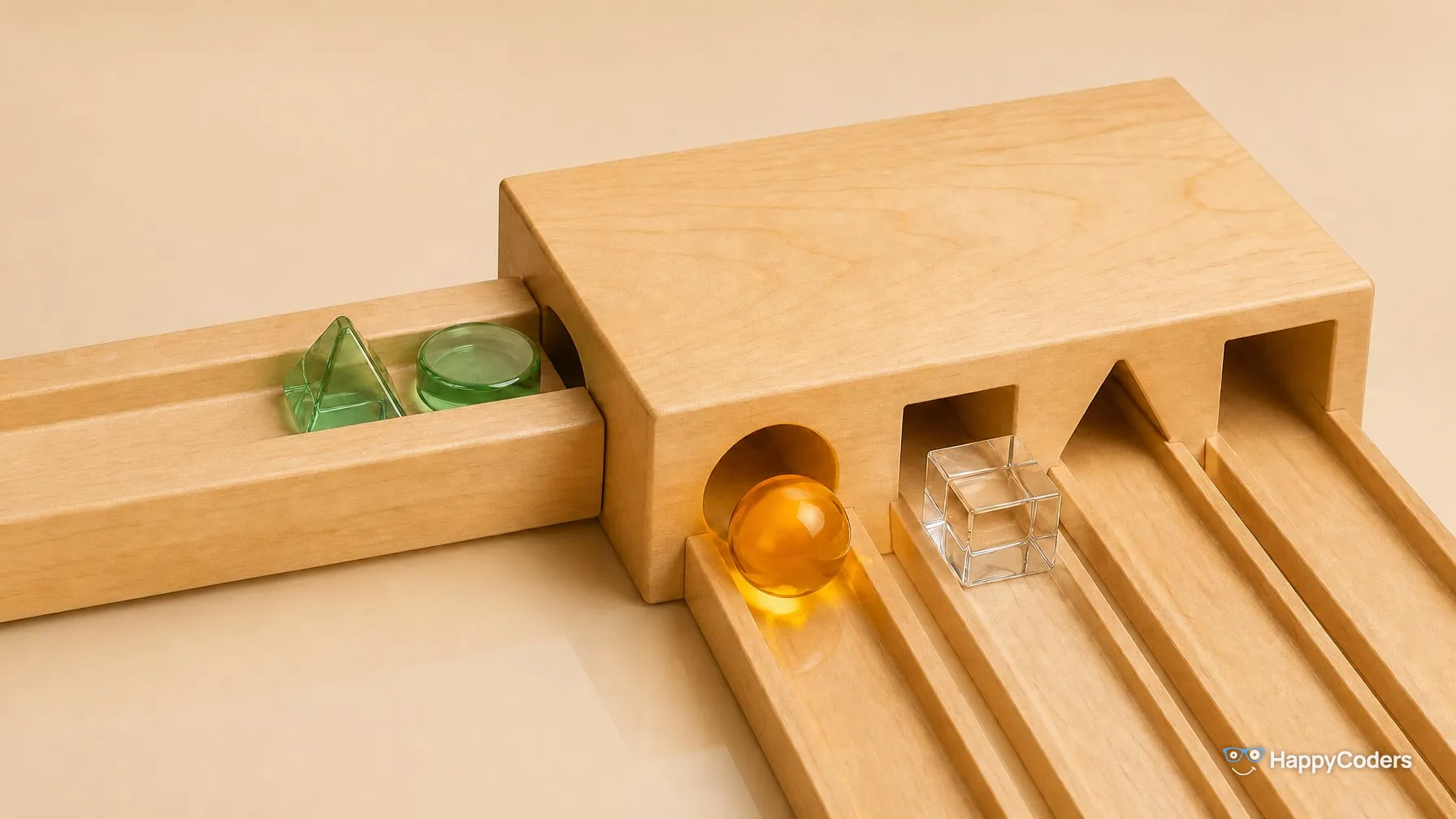 A light maple marble run on a cream background. A groove holding a green glass pyramid and a green glass disc leads from the left into a block with four exits – round, square, triangular, and plain. A glowing amber sphere rolls out of the round exit, a glass cube out of the square one