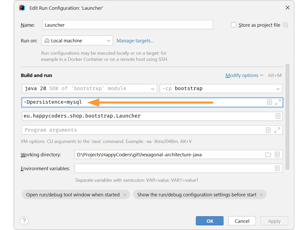 Starting the Ports and Adapters application – setting the system property