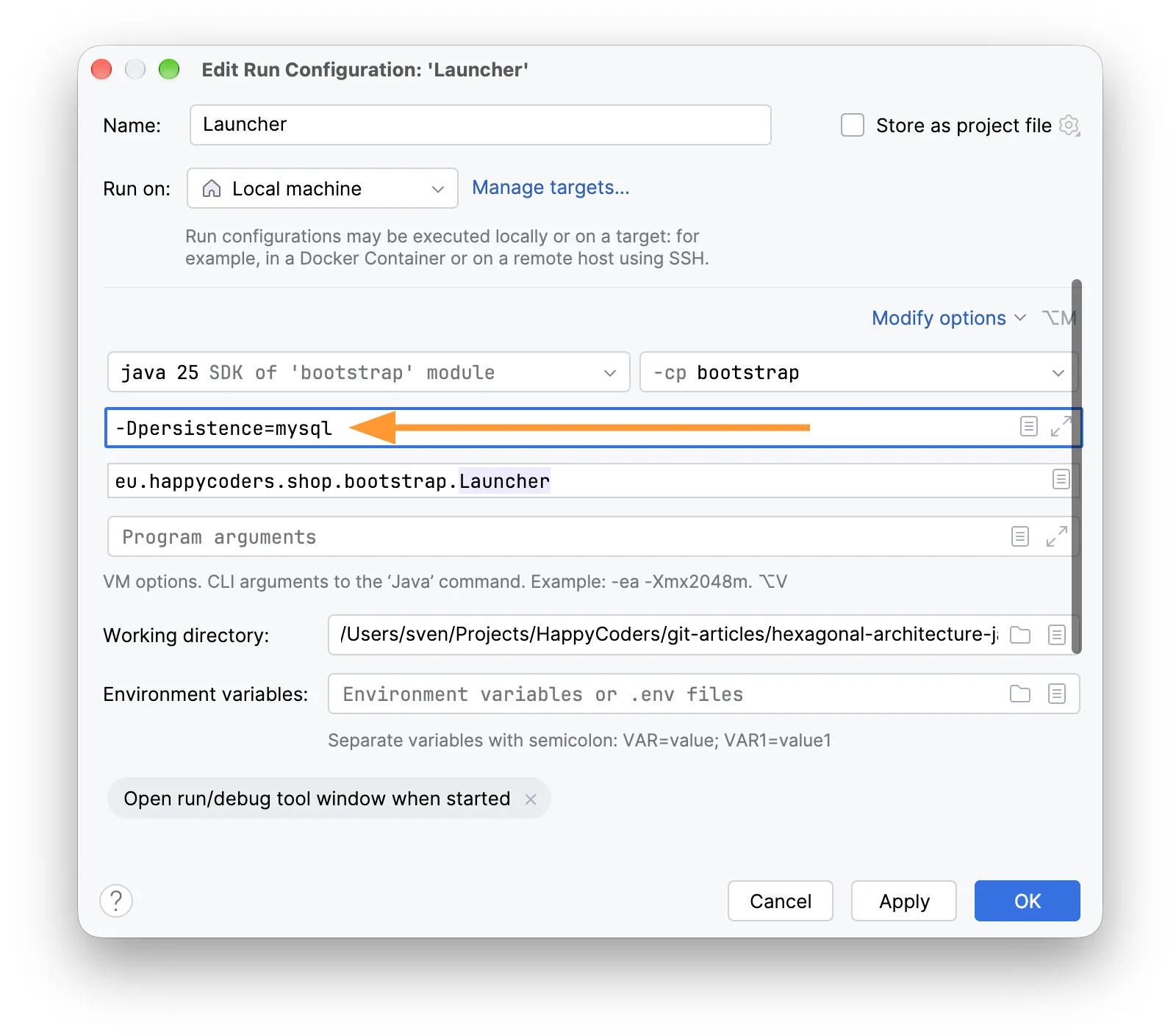 Starting the Ports and Adapters application – setting the system property