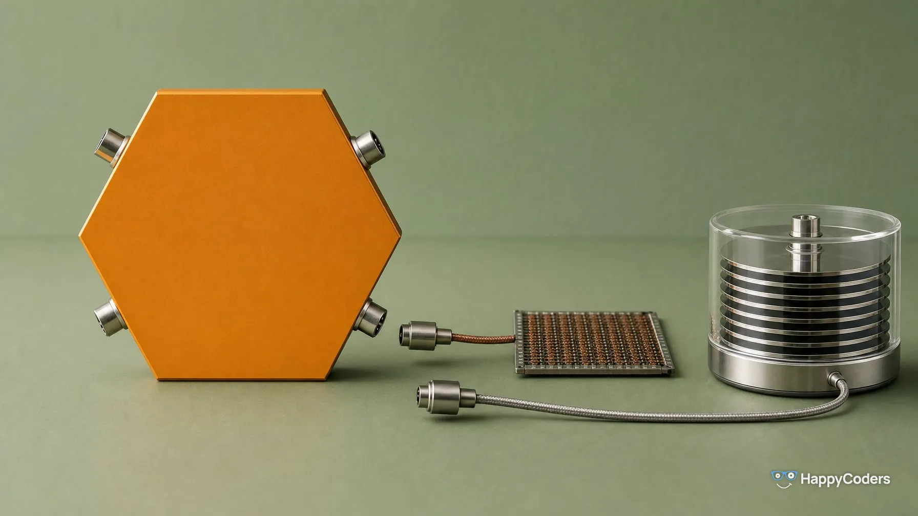 Orange aluminum hexagon with one socket at the middle of each of its four slanted edges; to its right a copper-wire core memory plane and a disk pack under a clear cover, whose plugs both lie in front of the lower-right socket