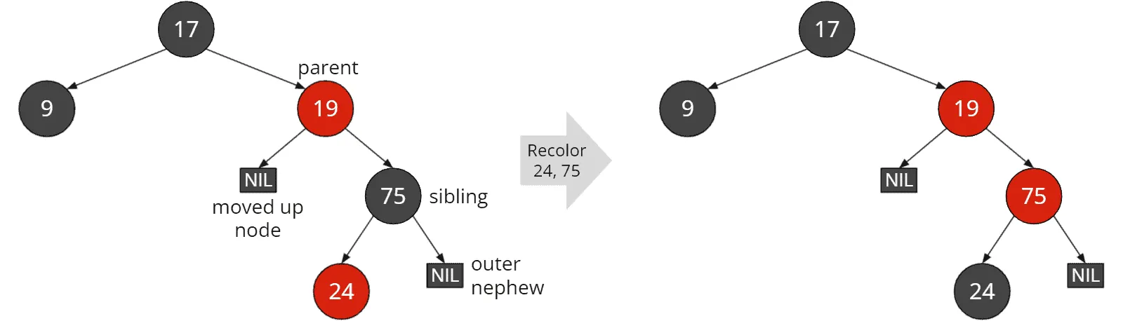 Red-black tree deletion: Black sibling with at least one red child and black “outer nephew”: Recoloring sibling and inner nephew