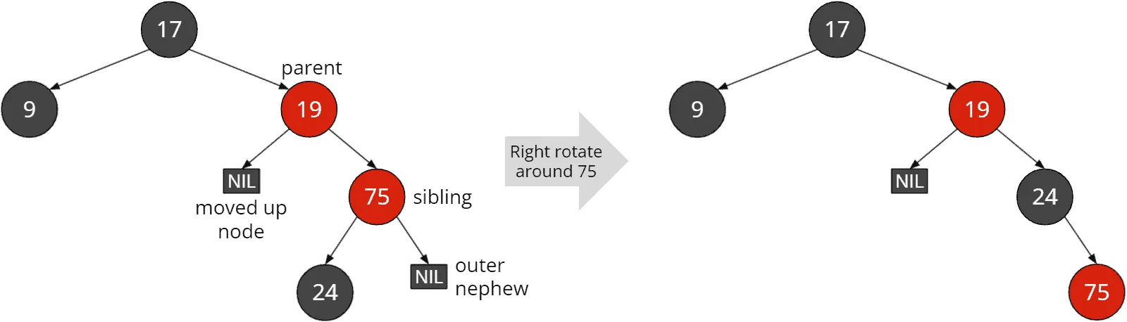 Red-black tree deletion: Black sibling with at least one red child and black “outer nephew”: Rotation around sibling