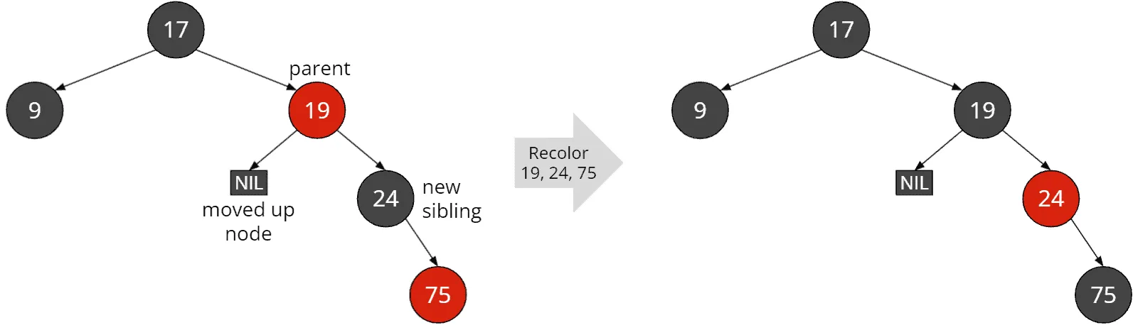 Red-black tree deletion: Black sibling with at least one red child and black “outer nephew”: Recoloring parent, sibling, and nephew