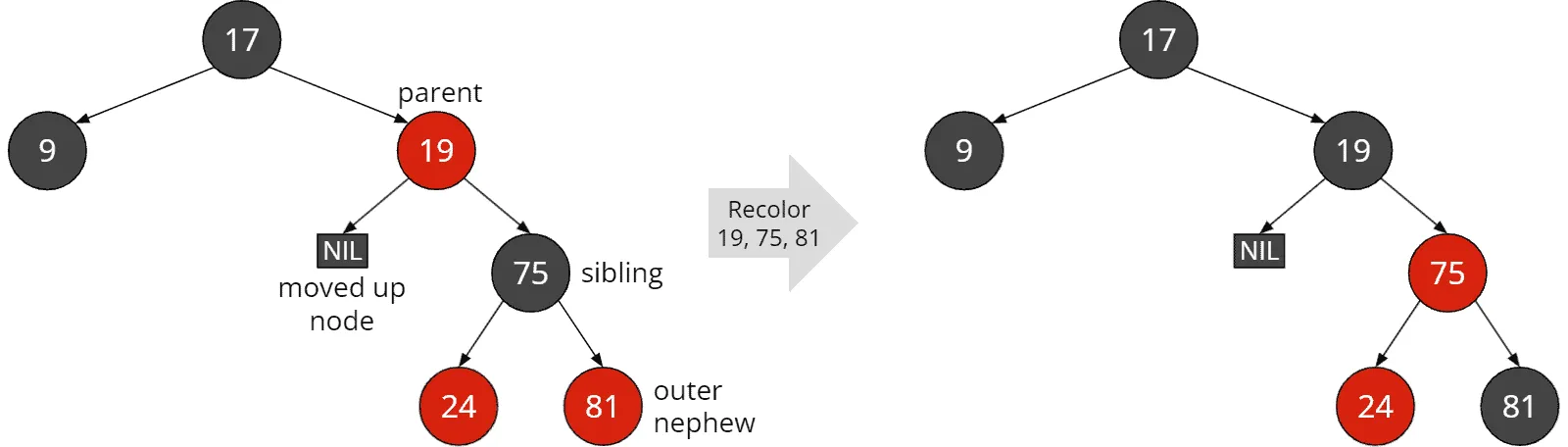 Red-black tree deletion: Black sibling with at least one red child and red “outer nephew”: Recoloring parent, sibling, and nephew