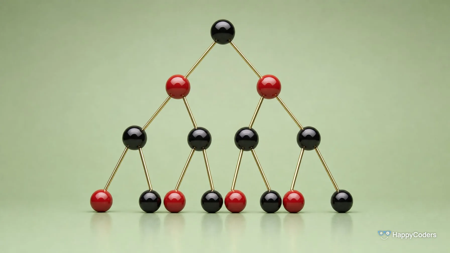 A tree of lacquered spheres on brass rods against sage green – one black sphere at the top, two red ones below it, then four black ones, and at the bottom eight alternating red and black spheres resting on the floor
