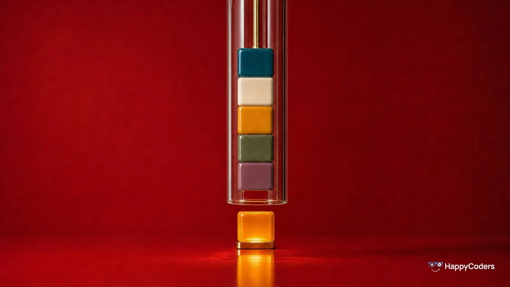 A hanging glass shaft on red with five colored cubes, below it a brass plate lifts a glowing amber cube into the open bottom of the shaft