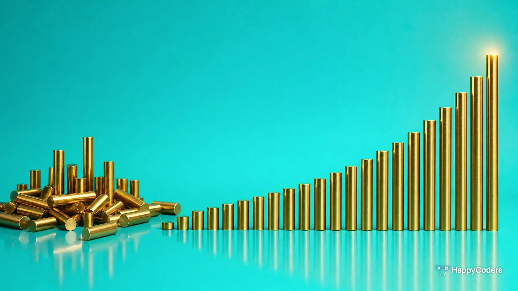 A heap of brass cylinders against turquoise on the left; on the right, the same cylinders in one row rising from the shortest to the tallest like a staircase – the tallest glows at its top edge