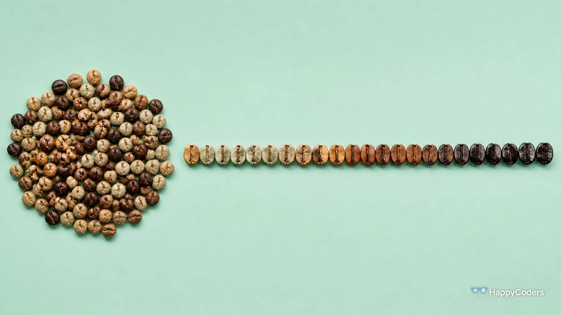Kaffeebohnen auf Mint – links ein gemischter Haufen aus rohen grünen, hell, mittel und dunkel gerösteten Bohnen, daneben dieselben Bohnen in einer Linie, von roh-grün bis fast schwarz geordnet