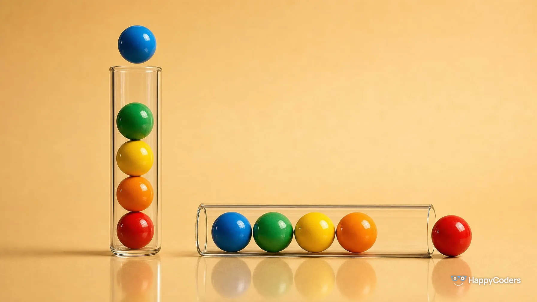 The same five spheres in red, orange, yellow, green and blue against sand: stacked in an upright glass tube, with the blue one on top lifting out; lined up in a horizontal glass tube, with the red one at the front rolling out on the right