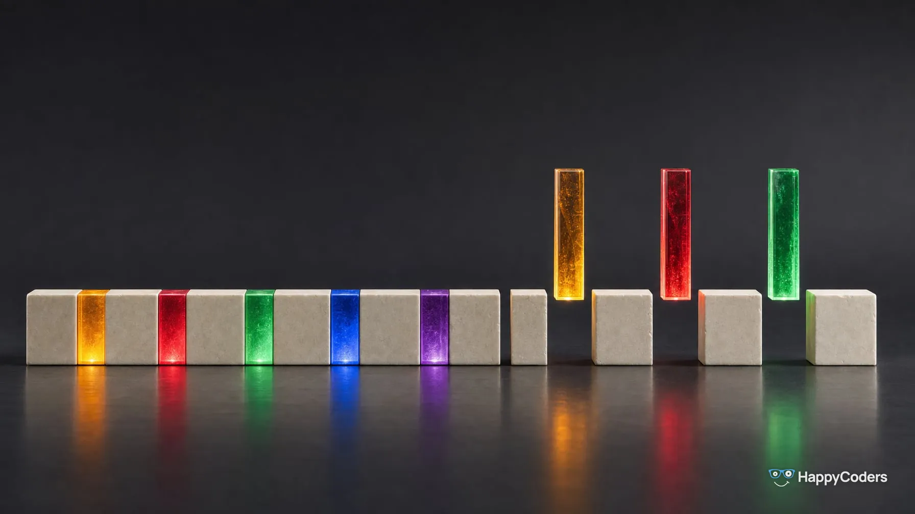 Row of pale stone blocks with glowing colored glass rods between them; on the right, three more rods are sinking into their gaps