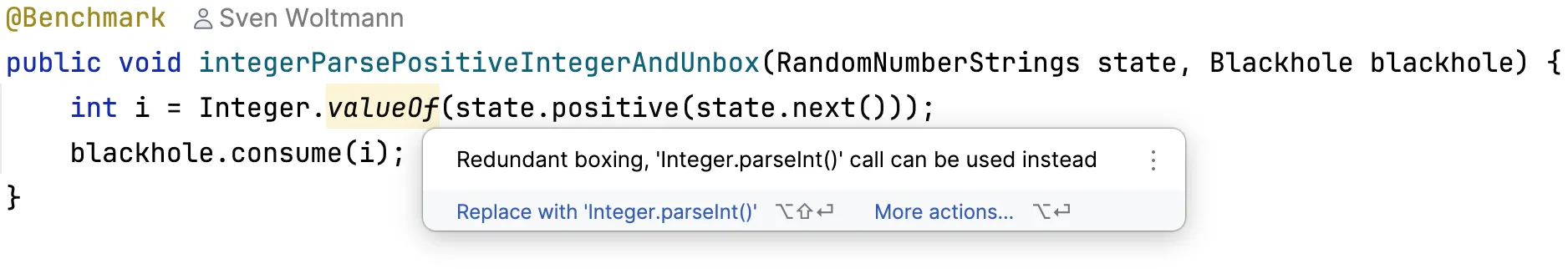 Screenshot of the IntelliJ warning “Redundant boxing” on Integer.valueOf(), suggesting Integer.parseInt() instead