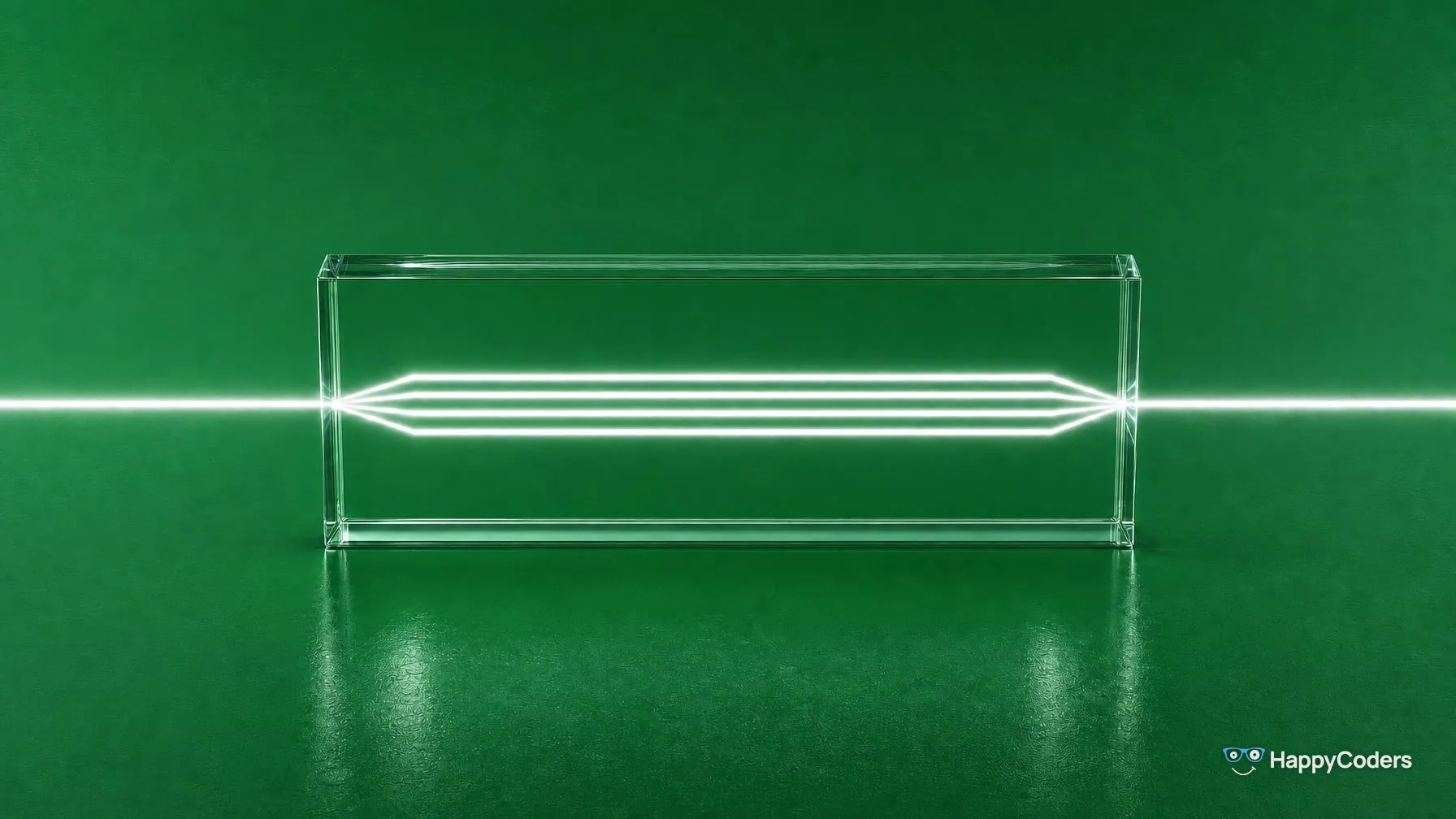 Ein weißer Lichtstrahl tritt auf Smaragdgrün in einen klaren Glasrahmen, teilt sich darin in vier parallele Strahlen, die sich am rechten Rand des Rahmens wieder vereinen und als ein Strahl austreten