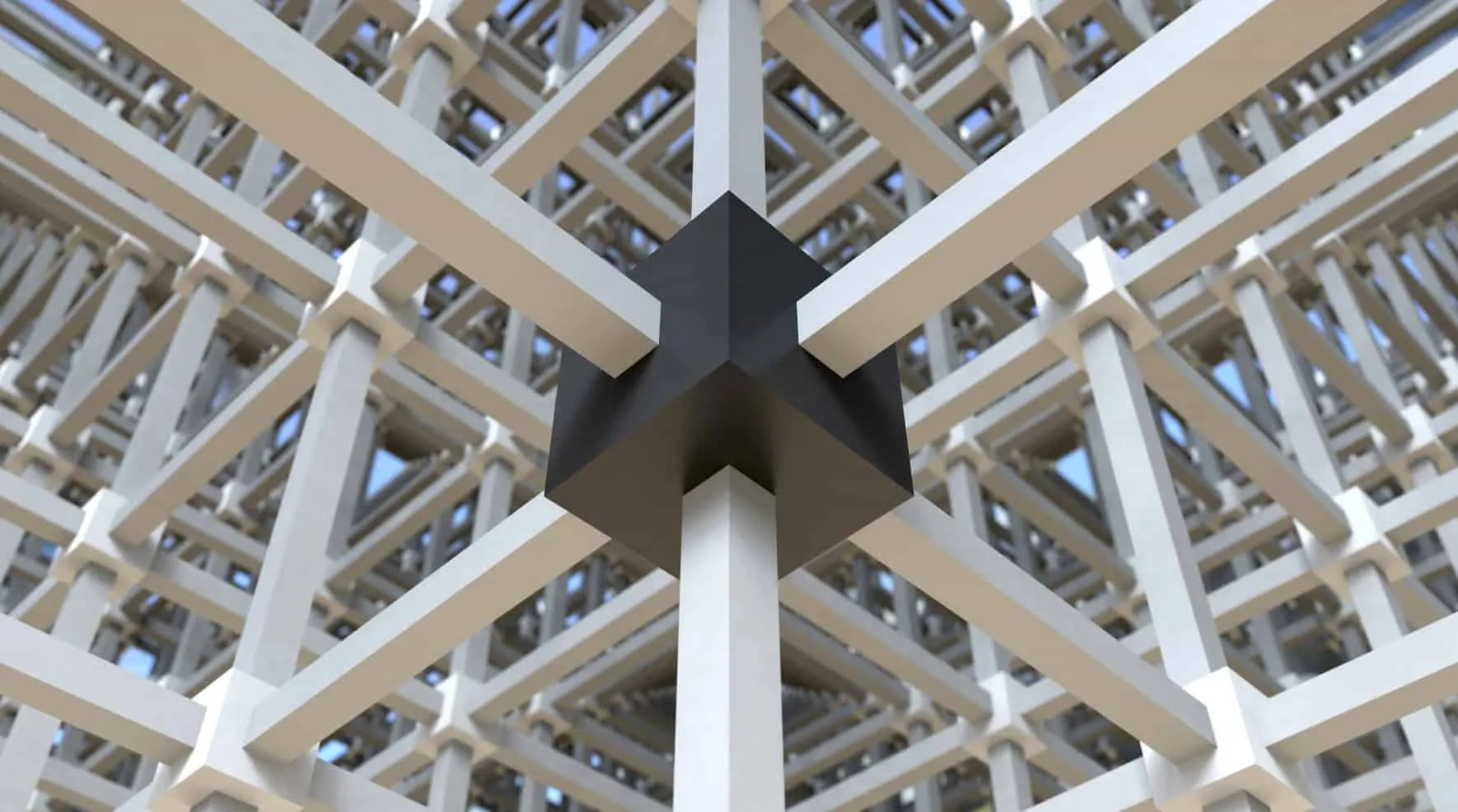 Verschachteltes Stabwerk aus weißen Balken mit einem schwarzen Knotenpunkt in der Mitte