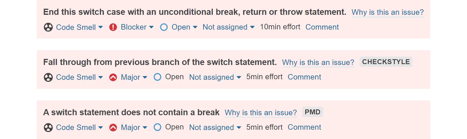 Warnungen der statischen Code-Analyse (SCA) bei Switch-Statements ohne break