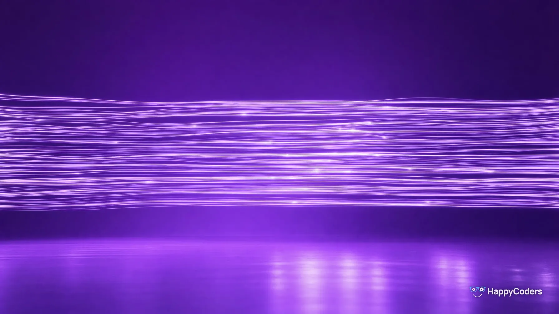 Hundreds of hair-thin glowing optical fibers run loosely parallel across the whole image from left to right against violet, none of them merging