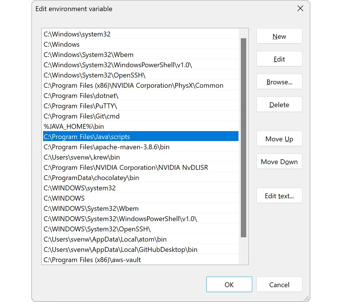 Hinzufügen von „C:\Program Files\Java\scripts“ zur Systemvariable „Path“