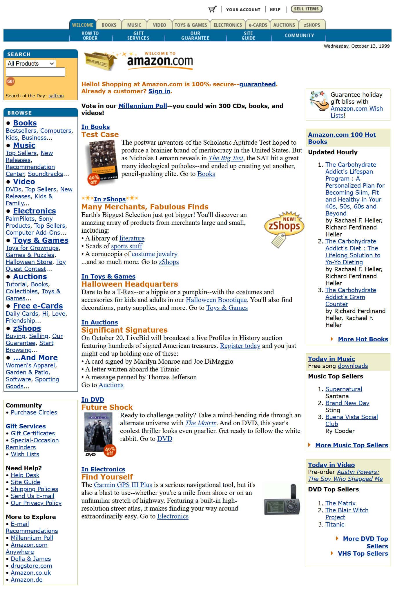 Amazon.com Startseite 1999 – Sven Woltmann in Forschung und Entwicklung bei Amazon