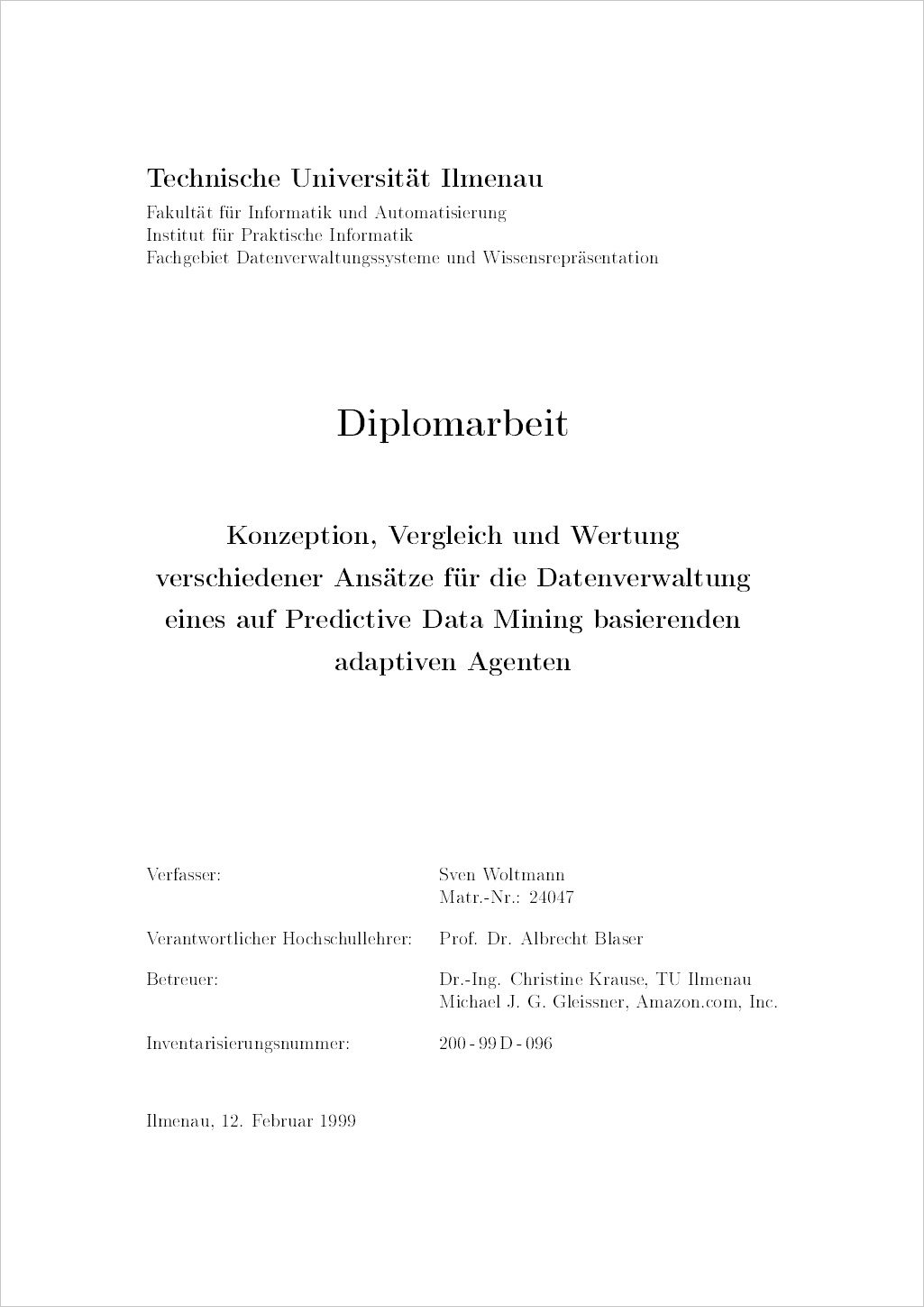 Sven Woltmann Diplomarbeit Informatik TU Ilmenau 1999