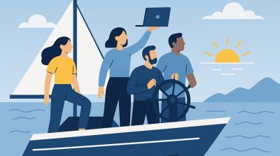 Development team on a modern, futuristic sailboat at sunrise, looking ahead together, symbolizing the start of Java modernization.