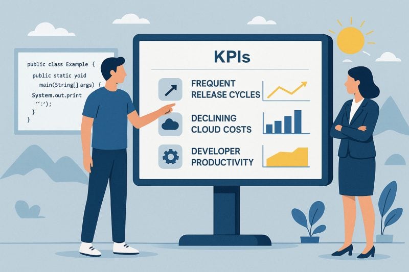 Developer presents KPIs such as lower cloud costs and higher developer productivity to a manager on a large screen